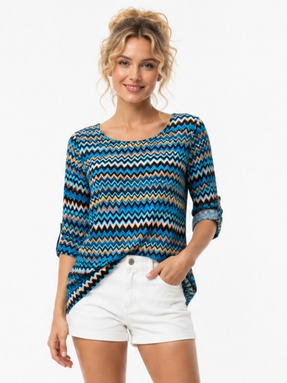 New Directions Petite Chevron Print 3/4 Sleeve Top Blue Multicolor PL
